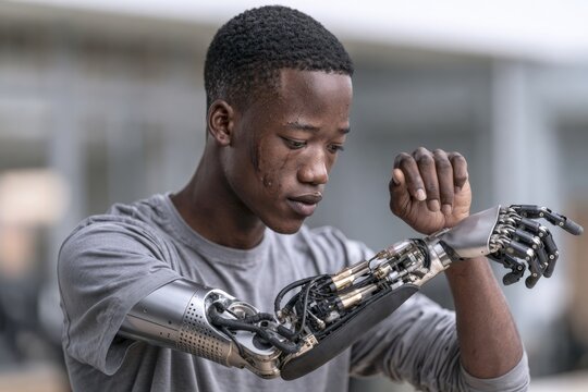 Young man with bionic arm examining his prosthetic limb