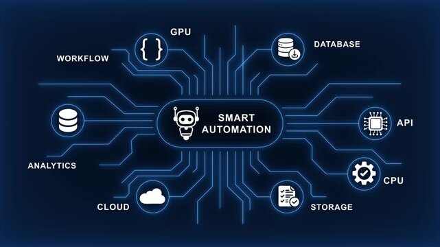 Smart automation technology infographic with ai robot, cloud computing, and data analytics network concept