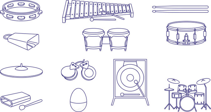 Percussion Musical Instrument Line Art Icon Set Vector Illustration