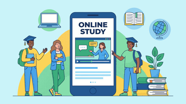 Students stand beside a large smartphone screen displaying an online study platform for remote learning.