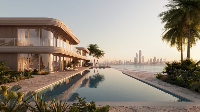 Luxury contemporary waterfront villa with infinity pool, panoramic skyline views, and elegant modern architecture in a premium coastal residential setting.