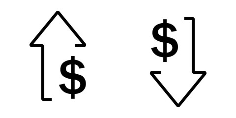 Black line icons of dollar sign with up and down arrows representing price change and finance © mimo