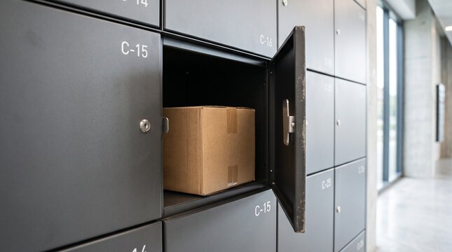 Parcel locker with cardboard box. Automated delivery terminal for shipping and logistics.