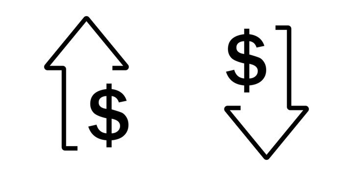 Black line icons of dollar sign with up and down arrows representing price change and finance