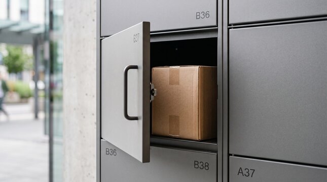Parcel locker with cardboard box. Automated delivery terminal for package pickup service.