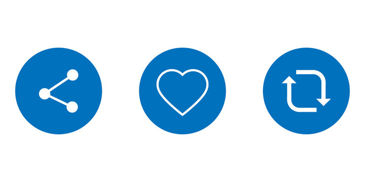 Set of social media icons including share heart like and retweet buttons in blue circles