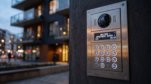 Modern apartment building intercom panel. Digital door entry system for residential access.