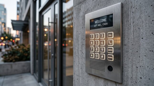Modern apartment building intercom panel. Digital door entry system for secure access.