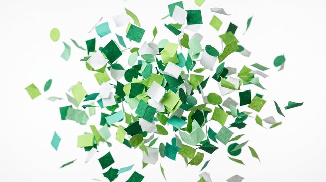 green white paper pieces flying falling scattered explosion burst fragments bits dots squares shapes party event festival fun joy happiness excitement dynamic motion movement