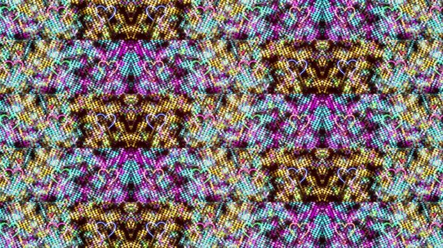 Shimmering color-shifting neon heart outlines glowing on a glittering sequin background with reflective holographic texture in a seamless looping grid, retro-futuristic disco aesthetic and vibrant vap
