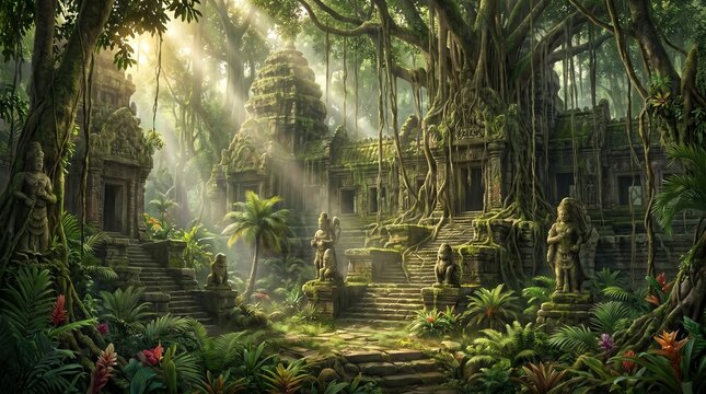 Mystical jungle temple ruins with sunlight beams. Ancient stone sanctuary overgrown by tropical vines and mist.