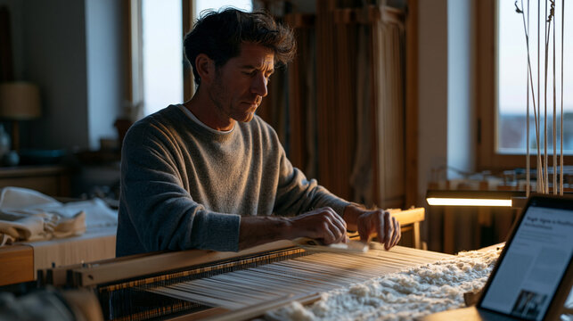 A textile weaver works at a loom in twilight blue hour, shuttle in motion captured mid pass, weight stigma in healthcare article on a tablet propped beside the frame, process in