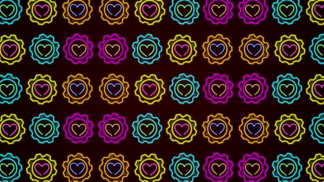 Vibrant neon heart gears seamless pattern looping animation on a dark background. Colorful glowing mechanical cogwheels with romantic heart shapes in a retro cyber pop art style, shifting colors