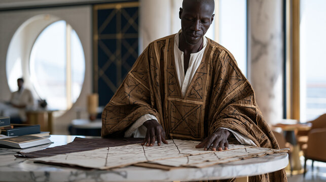 Malian bogolan artisan in mud cloth kaftan arranges geometric fabric samples across marble lobby table of upscale cruise ship interior, sunlight through porthole window casting