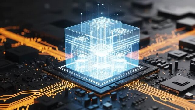 Futuristic digital processor chip with glowing data cube