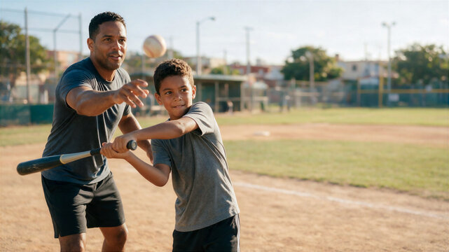 Dominican-American father teaches his son how to play baseball at a community ballpark, sharing his love for the game and passing on his favorite sport. Copy Space Hispanic Heritage Month