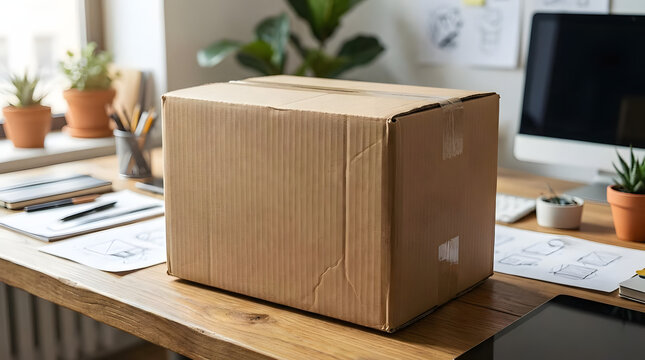 Shipping box on a desk with office supplies and plants