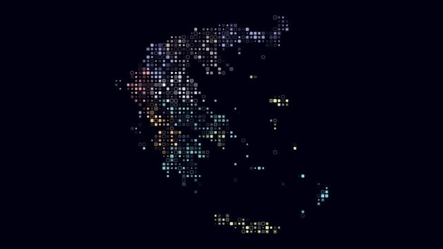 Greece map animation. Shape of the country with pulsating colored dots. Small size rounded square blocks. Digital style Greece map on dark background. Simple video.