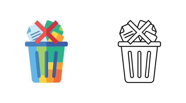 Trash Can With Papers Flat Color Icon And Line Art Version