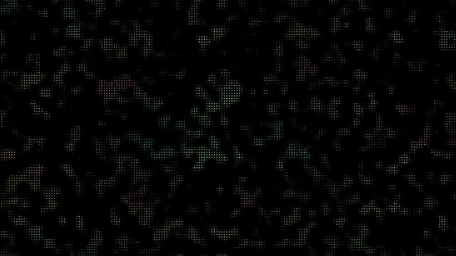 Moody abstract dark digital LED screen pixel grid background with shimmering green, red, and yellow light dots flickering in a cyber tech texture, captured in a close-up macro shot of CRT phosphor 