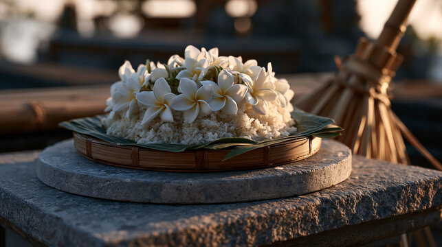 Canang sari morning offering of frangipani and rice wrapped in banana leaf rests on stone altar in golden dawn light, birdscarer bamboo clacker propped beside garden boundary,