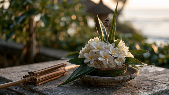 Canang sari morning offering of frangipani and rice wrapped in banana leaf rests on stone altar in golden dawn light, birdscarer bamboo clacker propped beside garden boundary,