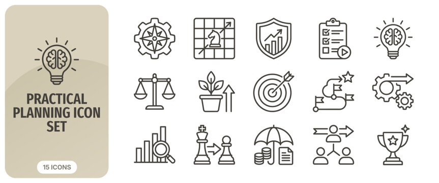 Practical planning icon set, business strategy, management and development icons