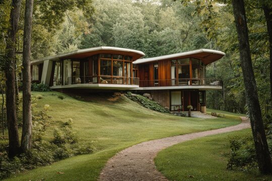 Modern houses stand on a grassy area surrounded by trees with a winding path leading to the entrance in the late afternoon light