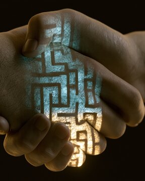 Two hands are clasped together, merging symbols of trust and security, with a light pattern in gold and blue illuminating the grip.