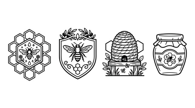 Set of vector honey and bee illustrations featuring a honeycomb, shield emblem, beehive, and honey jar. Clean black line art style ideal for organic food branding, logos, and print designs.