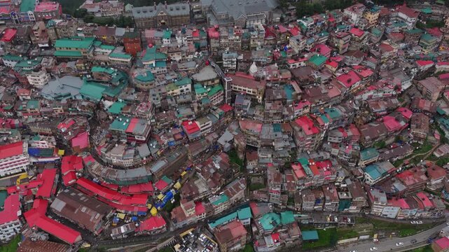 Top Down Aerial View of Dense Urban Neighborhood in Shimla Himachal Pradesh India