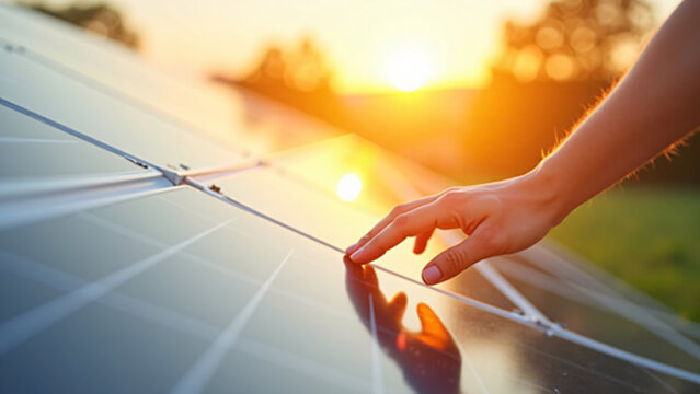 A hand gently touches a solar panel during a warm sunset with golden light casting soft shadows on its surface