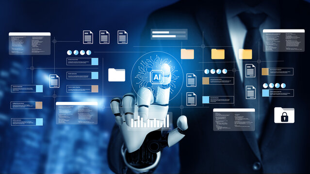 A businessman interacts with a digital interface showcasing artificial intelligence in a futuristic environment, representing innovation and technology in business. Gantry