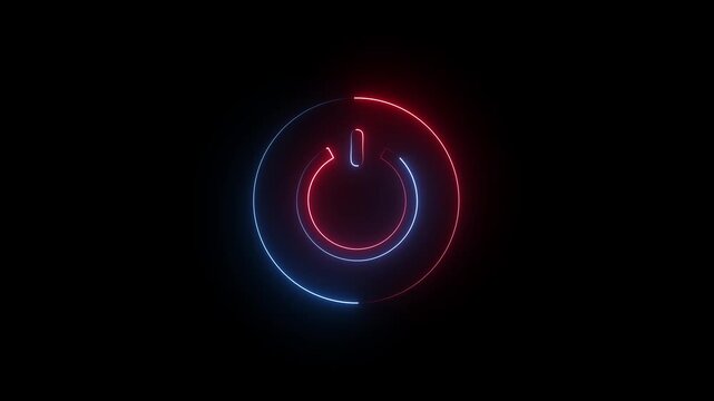 Neon power reset button sign animation Neon glowing power button icon.