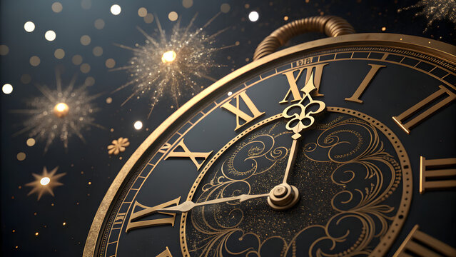 New Year celebration clock at midnight. Elegant golden watch face with festive fireworks.