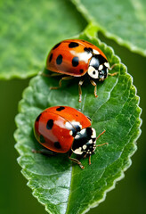 Obraz premium Two ladybugs resting on green leaf close-up