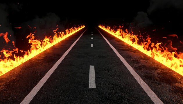 Fiery Road Ahead: Burning Highway with Flames and Smoke, Dark Ominous Atmosphere