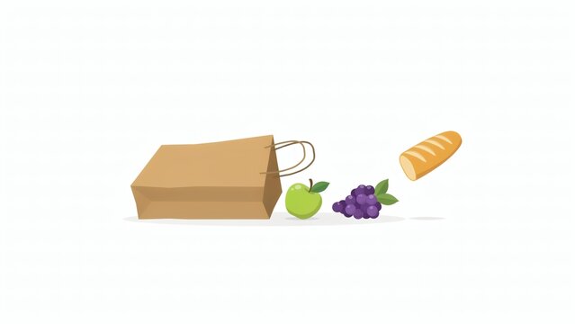 Flat vector illustration of paper grocery bag with bread grapes with produce floating nearby illustration brown