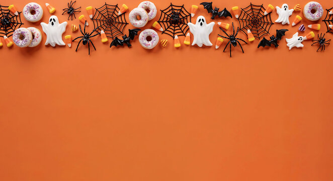 Top border of various halloween themed decorations like ghosts spiders and eyeballs arranged on a vibrant orange background with copy space