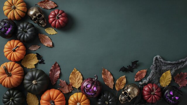 Festive autumn background featuring a colorful arrangement of decorative pumpkins and dried fall leaves on a dark moody textured surface backdrop