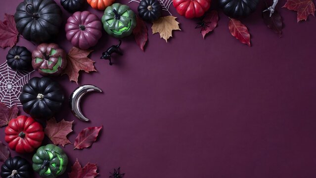 Top view of a festive autumn background featuring colorful miniature pumpkins and dried fall leaves arranged on a dark purple surface with copy space