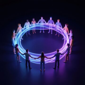 Team of business professionals holding hands in a circle with neon light trails. Collaborative corporate group creating a glowing digital connectio...
