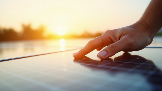A hand gently touches a solar panel during a sunset with warm golden light casting soft shadows on the clean white background
