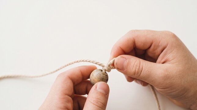 Hands tying a knot around a wooden bead with twine on a white background