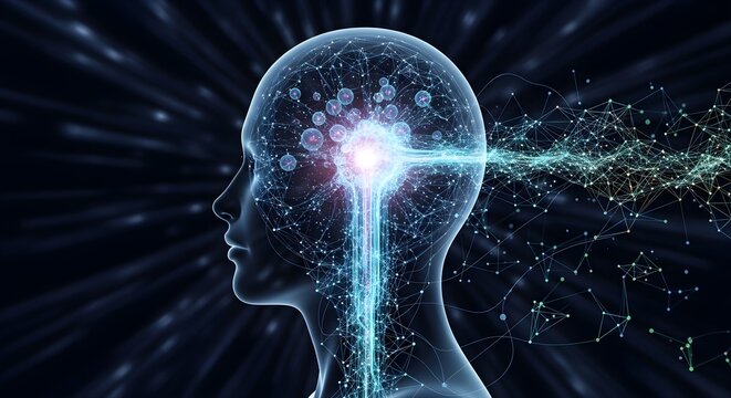 Abstract digital illustration of a human head profile with glowing brain activity and neural network connections, representing thought and data