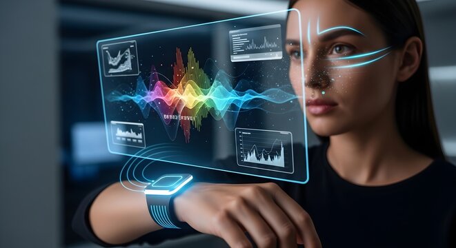 Young woman using futuristic holographic interface with data visualizations and sound waves, smart watch on wrist
