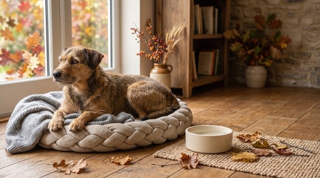 A cute airedale terrier dog resting comfortably on a soft round bed in a cozy sunlit living room interior