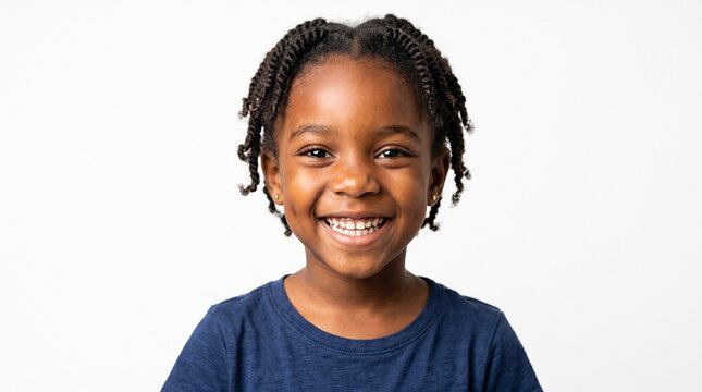 Joyful young Black girl with braided hair smiling brightly against a white background