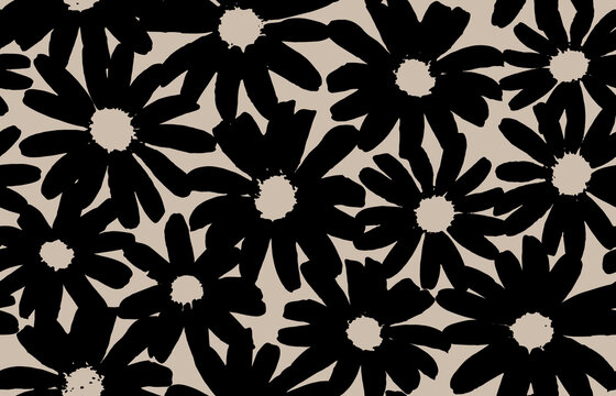 Seamless black and grey floral background with flowers. Minimal abstract organic shapes pattern. Vector grey abstact pattern with black flowers