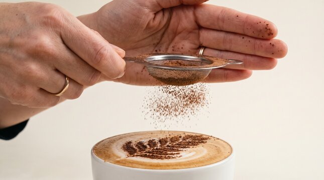 Barista dusting cocoa powder onto a latte art coffee with a sieve